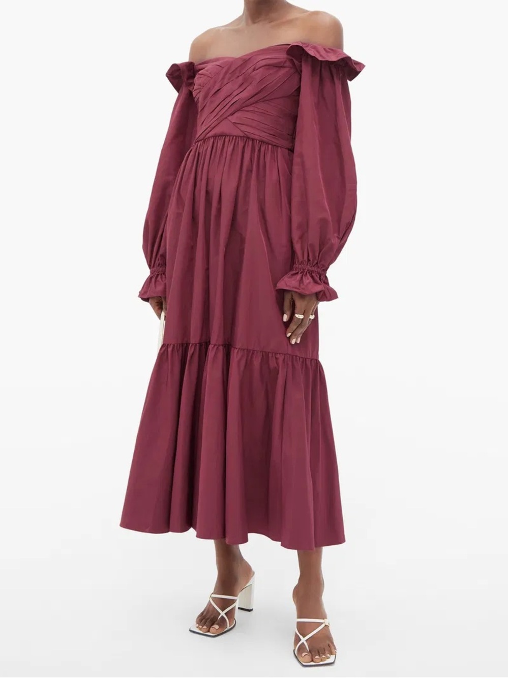 NWT Self-Portrait Off the Shoulder Taffeta Midi Dress Burgundy Size 6